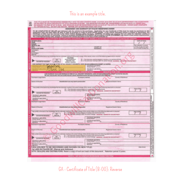 This is a Sample of GA-Certificate-of-Title-8-00-Reverse | Goodwill Car Donations