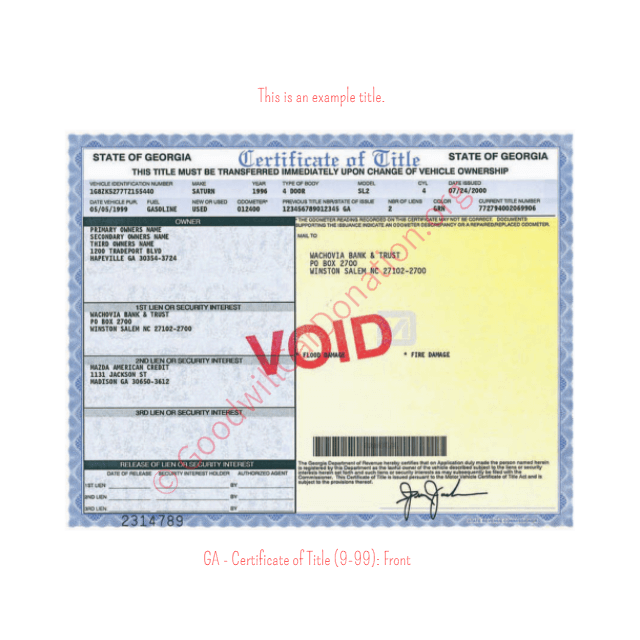 This is a Sample of GA-Certificate-of-Title-9-99-Front | Goodwill Car Donations