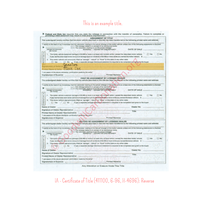 This is a Sample of IA-Certificate-of-Title-411100-6-96-H-4696-Reverse | Goodwill Car Donations