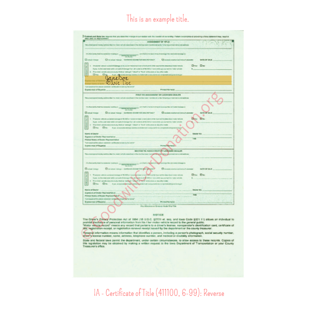 This is a Sample of IA-Certificate-of-Title-411100-6-99-Reverse | Goodwill Car Donations