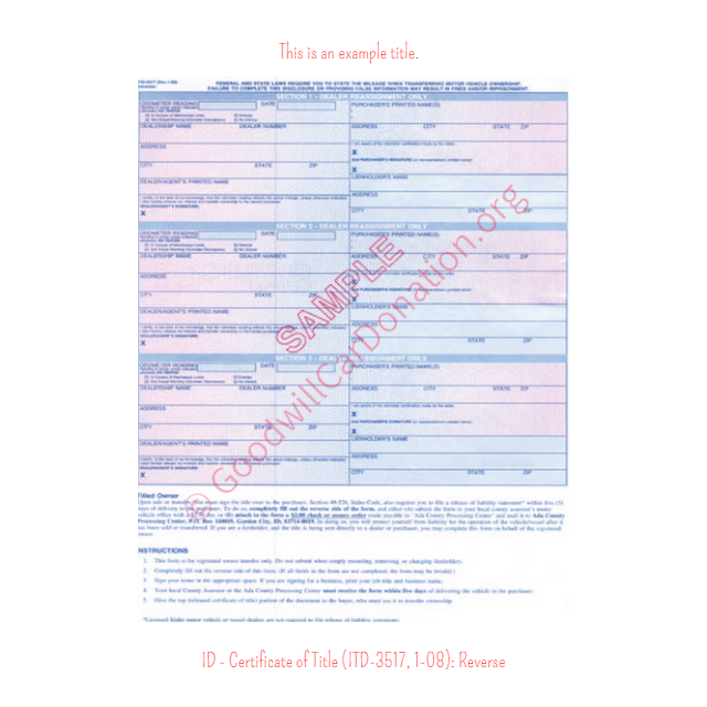 This is a Sample of ID-Certificate-of-Title-ITD-3517-1-08-Reverse | Goodwill Car Donations