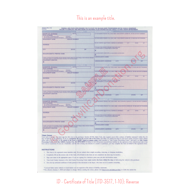 This is a Sample of ID-Certificate-of-Title-ITD-3517-1-10-Reverse | Goodwill Car Donations
