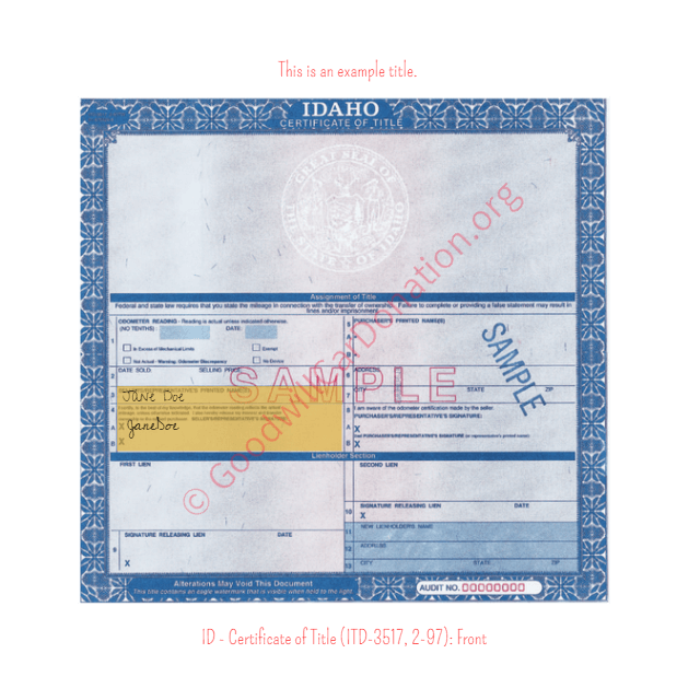 This is a Sample of ID-Certificate-of-Title-ITD-3517-2-97-Front | Goodwill Car Donations