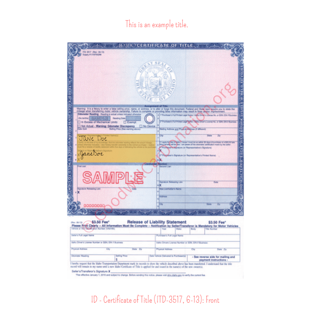 This is a Sample of ID-Certificate-of-Title-ITD-3517-6-13-Front | Goodwill Car Donations