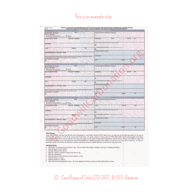 This is a Sample of ID-Certificate-of-Title-ITD-3517-8-00-Reverse | Goodwill Car Donations