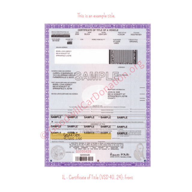 This is a Sample of IL-Certificate-of-Title-VSD-40.-24-Front | Goodwill Car Donations