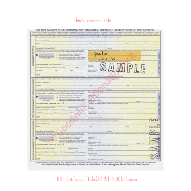 This is a Sample of KS-Certificate-of-Title-TR-19T-4-98-Reverse | Goodwill Car Donations