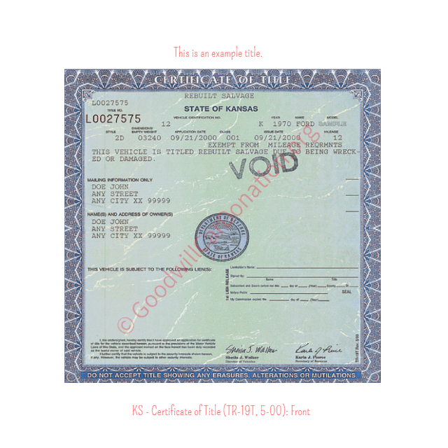 This is a Sample of KS-Certificate-of-Title-TR-19T-5-00-Front | Goodwill Car Donations