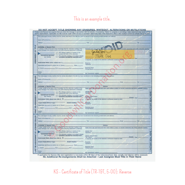This is a Sample of KS-Certificate-of-Title-TR-19T-5-00-Reverse | Goodwill Car Donations