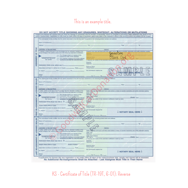 This is a Sample of KS-Certificate-of-Title-TR-19T-6-01-Reverse | Goodwill Car Donations