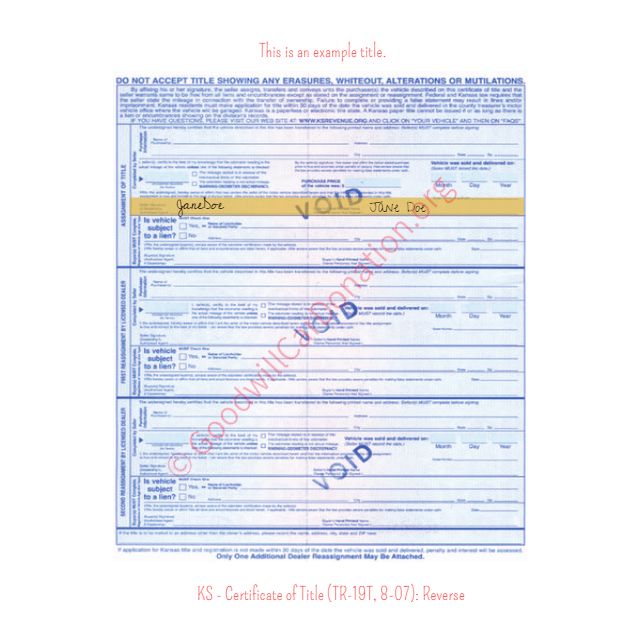 This is a Sample of KS-Certificate-of-Title-TR-19T-8-07-Reverse | Goodwill Car Donations
