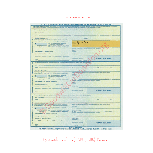 This is a Sample of KS-Certificate-of-Title-TR-19T-9-95-Reverse | Goodwill Car Donations