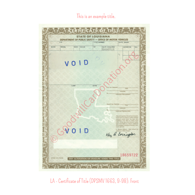 This is a Sample of LA-Certificate-of-Title-DPSMV-1663-9-98-Front | Goodwill Car Donations