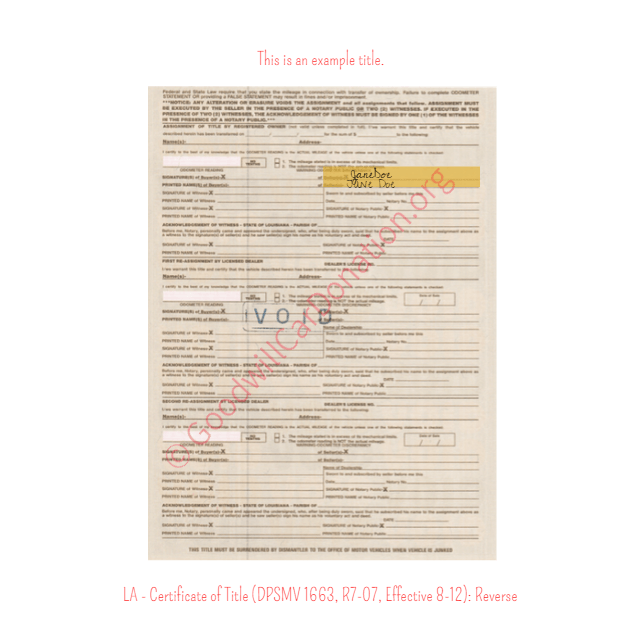 This is a Sample of LA-Certificate-of-Title-DPSMV-1663-R7-07-Effective-8-12-Reverse | Goodwill Car Donations