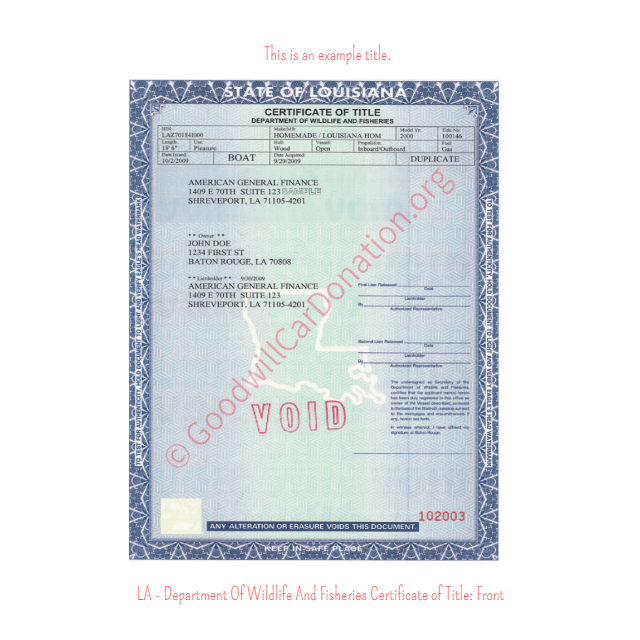 This is a Sample of LA-Department-Of-Wildlife-And-Fisheries-Certificate-of-Title-Front | Goodwill Car Donations