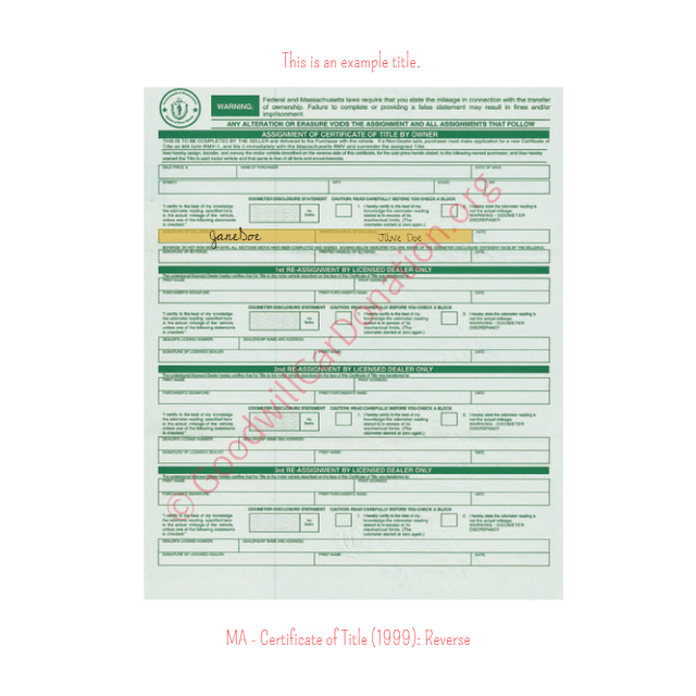 This is a Sample of MA-Certificate-of-Title-1999-Reverse | Goodwill Car Donations