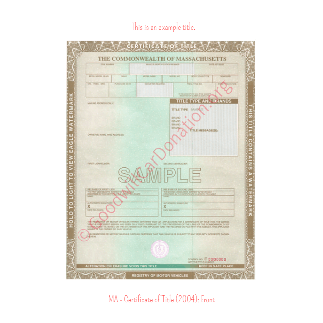 This is a Sample of MA-Certificate-of-Title-2004-Front | Goodwill Car Donations