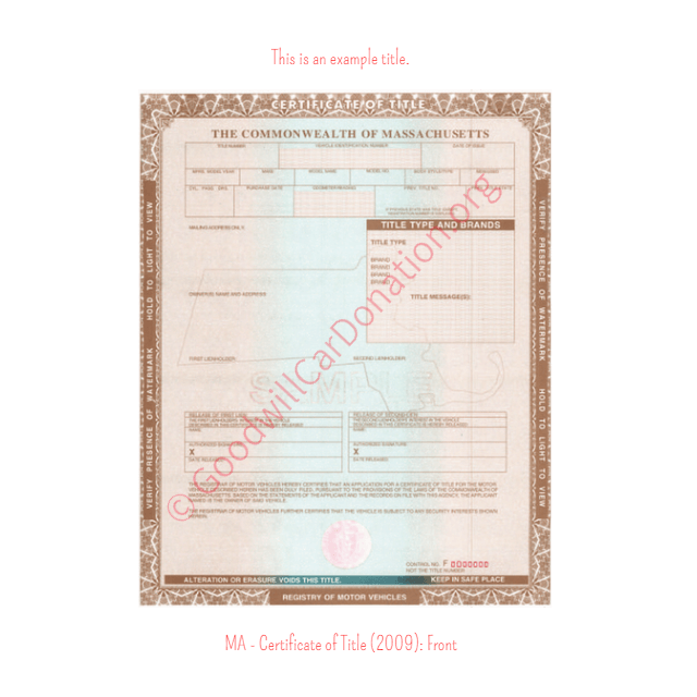 This is a Sample of MA-Certificate-of-Title-2009-Front | Goodwill Car Donations