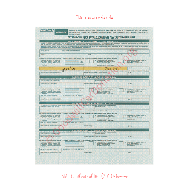 This is a Sample of MA-Certificate-of-Title-2010-Reverse | Goodwill Car Donations