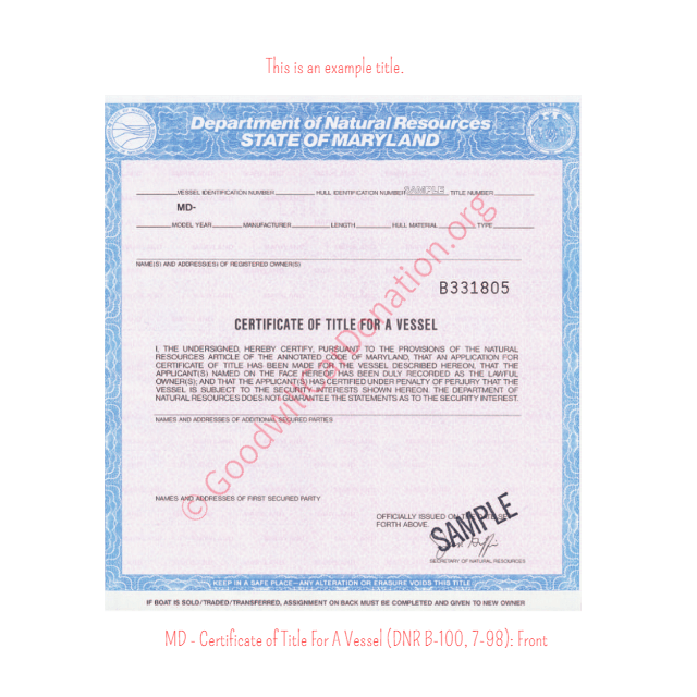 This is a Sample of MD-Certificate-of-Title-For-A-Vessel-DNR-B-100-7-98-Front | Goodwill Car Donations