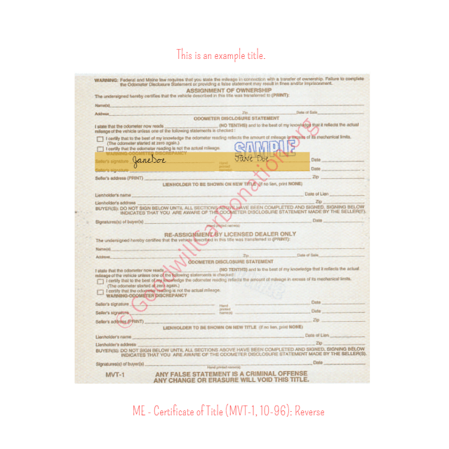 This is a Sample of ME-Certificate-of-Title-MVT-1-10-96-Reverse | Goodwill Car Donations