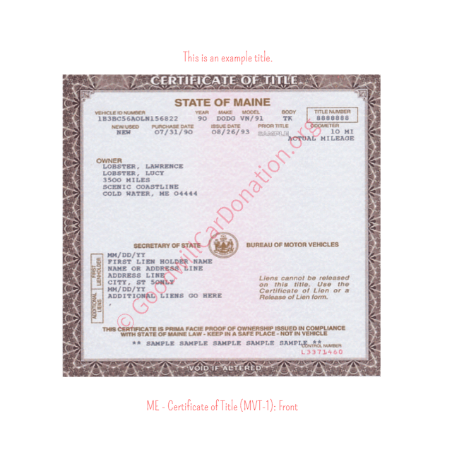 This is a Sample of ME-Certificate-of-Title-MVT-1-Front | Goodwill Car Donations