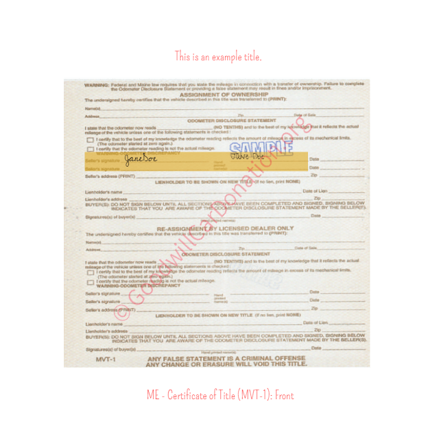 This is a Sample of ME-Certificate-of-Title-MVT-1-Reverse | Goodwill Car Donations