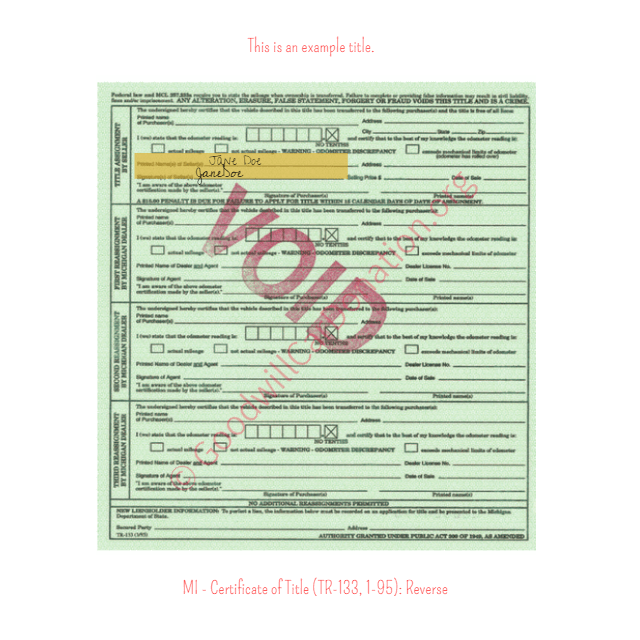 This is a Sample of MI-Certificate-of-Title-TR-133-1-95-Reverse | Goodwill Car Donations