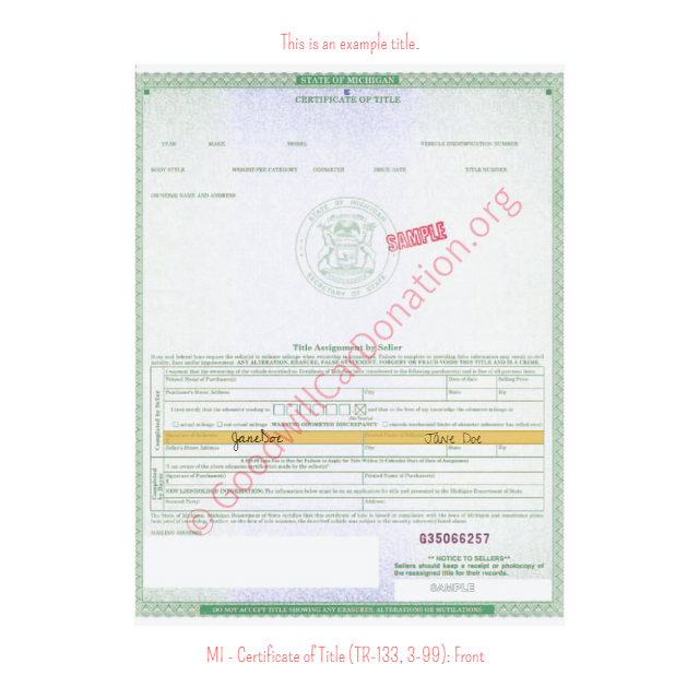 This is a Sample of MI-Certificate-of-Title-TR-133-3-99-Front | Goodwill Car Donations