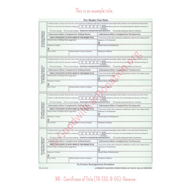 This is a Sample of MI-Certificate-of-Title-TR-133-8-05-Reverse | Goodwill Car Donations