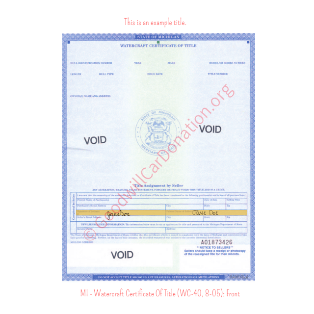 This is a Sample of MI-Watercraft-Certificate-Of-Title-WC-40-8-05-Front | Goodwill Car Donations