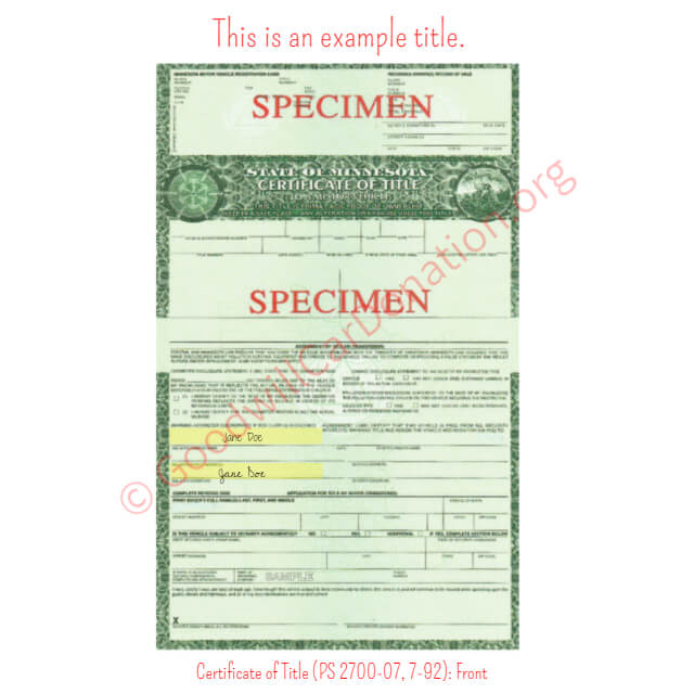 This is a Sample of MN-Certificate-of-Title-PS-2700-07-7-92-Front | Goodwill Car Donations