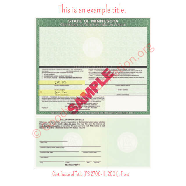 This is a Sample of MN-Certificate-of-Title-PS-2700-11-2001-Front | Goodwill Car Donations