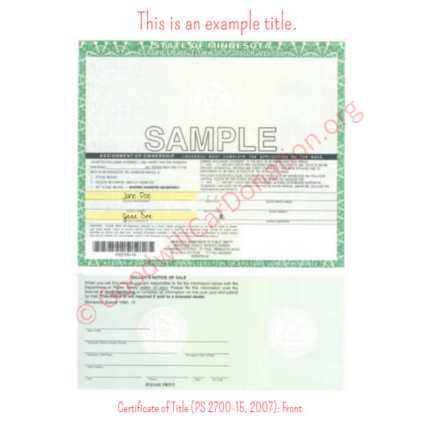 This is a Sample of MN-Certificate-of-Title-PS-2700-15-2007-Front | Goodwill Car Donations