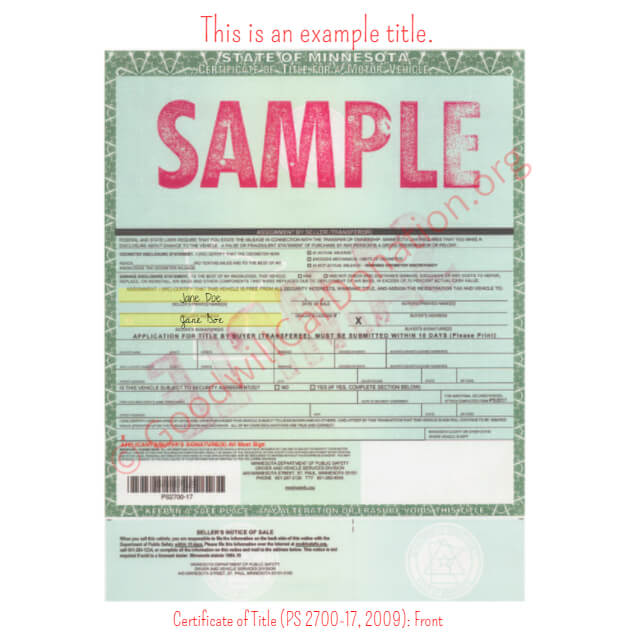 This is a Sample of MN-Certificate-of-Title-PS-2700-17-2009-Front | Goodwill Car Donations