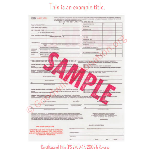 This is a Sample of MN-Certificate-of-Title-PS-2700-17-2009-Reverse | Goodwill Car Donations
