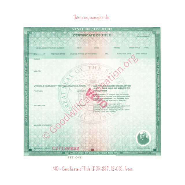 This is a Sample of MO-Certificate-of-Title-DOR-387-12-03-Front | Goodwill Car Donations