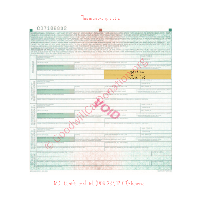 This is a Sample of MO-Certificate-of-Title-DOR-387-12-03-Reverse | Goodwill Car Donations