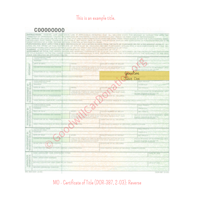 This is a Sample of MO-Certificate-of-Title-DOR-387-2-03-Reverse | Goodwill Car Donations