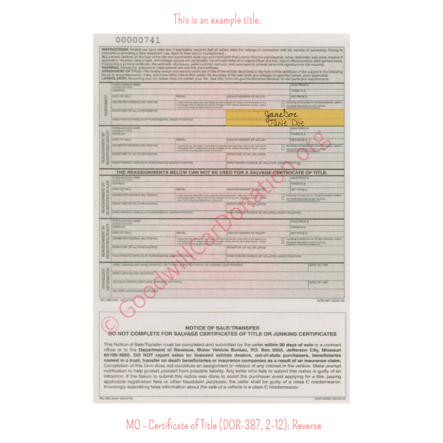 This is a Sample of MO-Certificate-of-Title-DOR-387-2-12-Reverse | Goodwill Car Donations