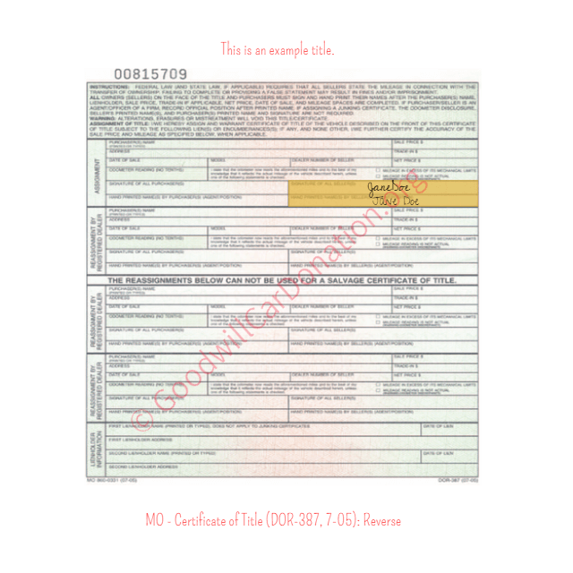 This is a Sample of MO-Certificate-of-Title-DOR-387-7-05-Reverse | Goodwill Car Donations