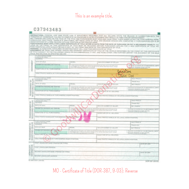 This is a Sample of MO-Certificate-of-Title-DOR-387-9-03-Reverse | Goodwill Car Donations