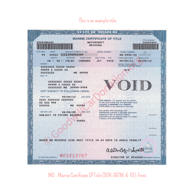 This is a Sample of MO-Marine-Certificate-Of-Title-DOR-387M-6-10-Front | Goodwill Car Donations