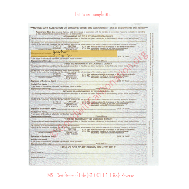 This is a Sample of MS-Certificate-of-Title-61-001-T-1-1-93-Reverse | Goodwill Car Donations