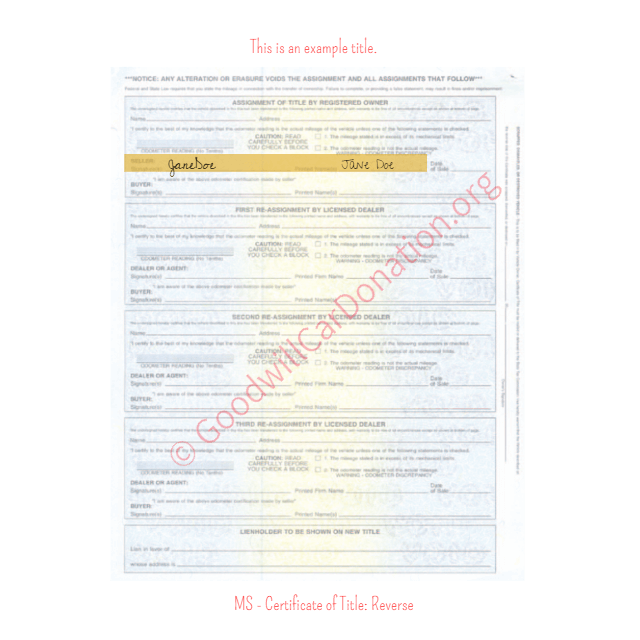 This is a Sample of MS-Certificate-of-Title-Reverse | Goodwill Car Donations