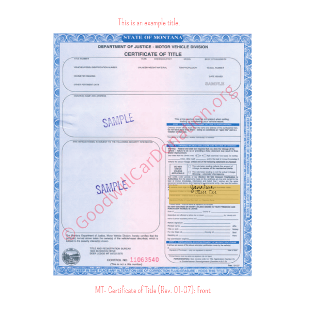 This is a Sample of MT-Certificate-of-Title-Rev.-01-07-Front | Goodwill Car Donations
