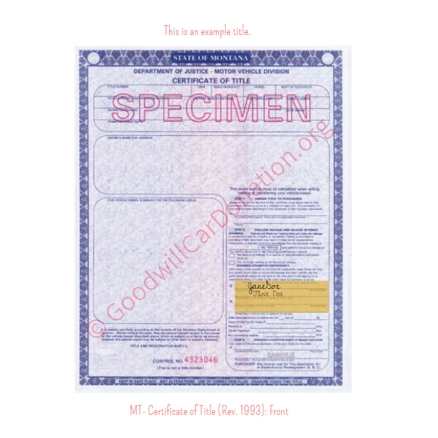 This is a Sample of MT-Certificate-of-Title-Rev.-1993-Front | Goodwill Car Donations