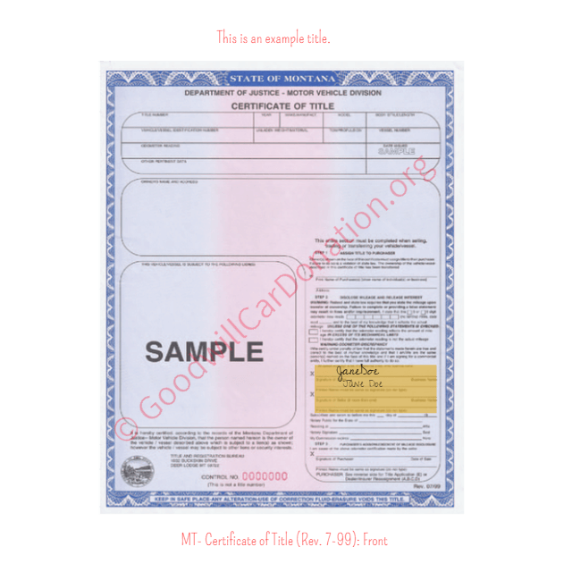 This is a Sample of MT-Certificate-of-Title-Rev.-7-99-Front | Goodwill Car Donations