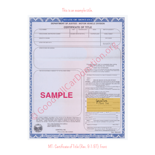 This is a Sample of MT-Certificate-of-Title-Rev.-9-1-97-Front | Goodwill Car Donations