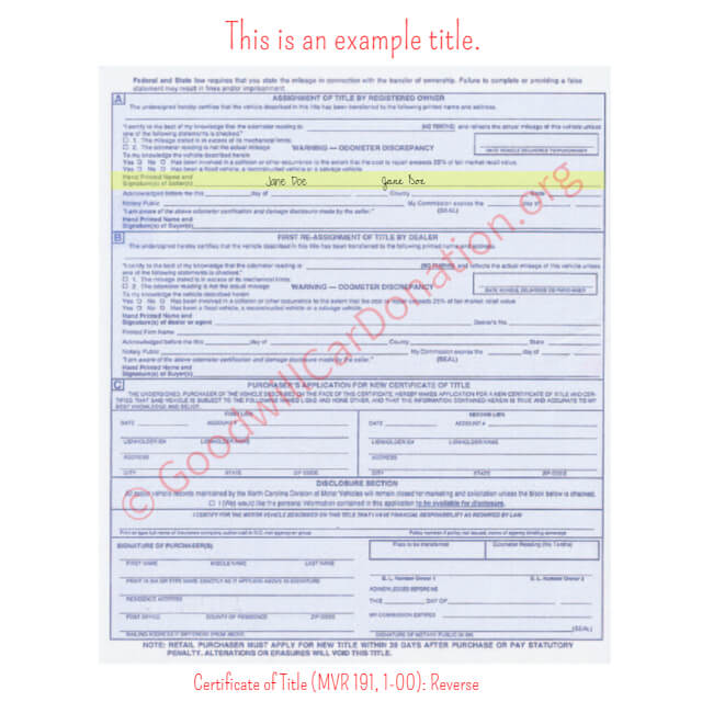 This is a Sample of NC-Certificate-of-Title-MVR-191-1-00-Reverse | Goodwill Car Donations